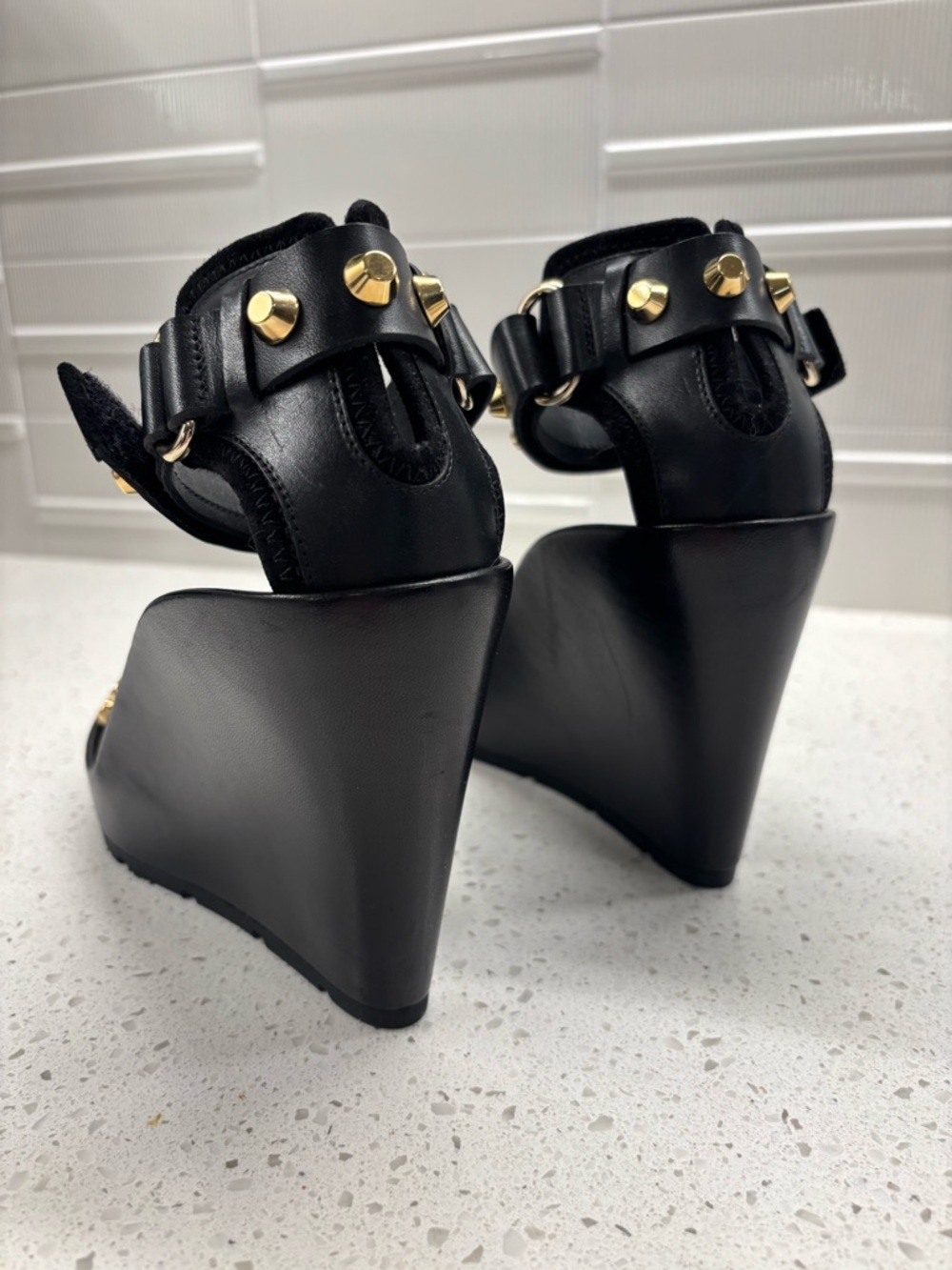 Balenciaga Black Leather Gold-Stud Platform Sandals - Picture 5 of 10